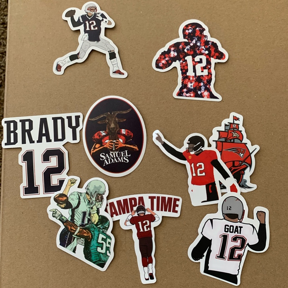 Tom Brady NFL football sticker collection lot of 9 Bucks and Patriots